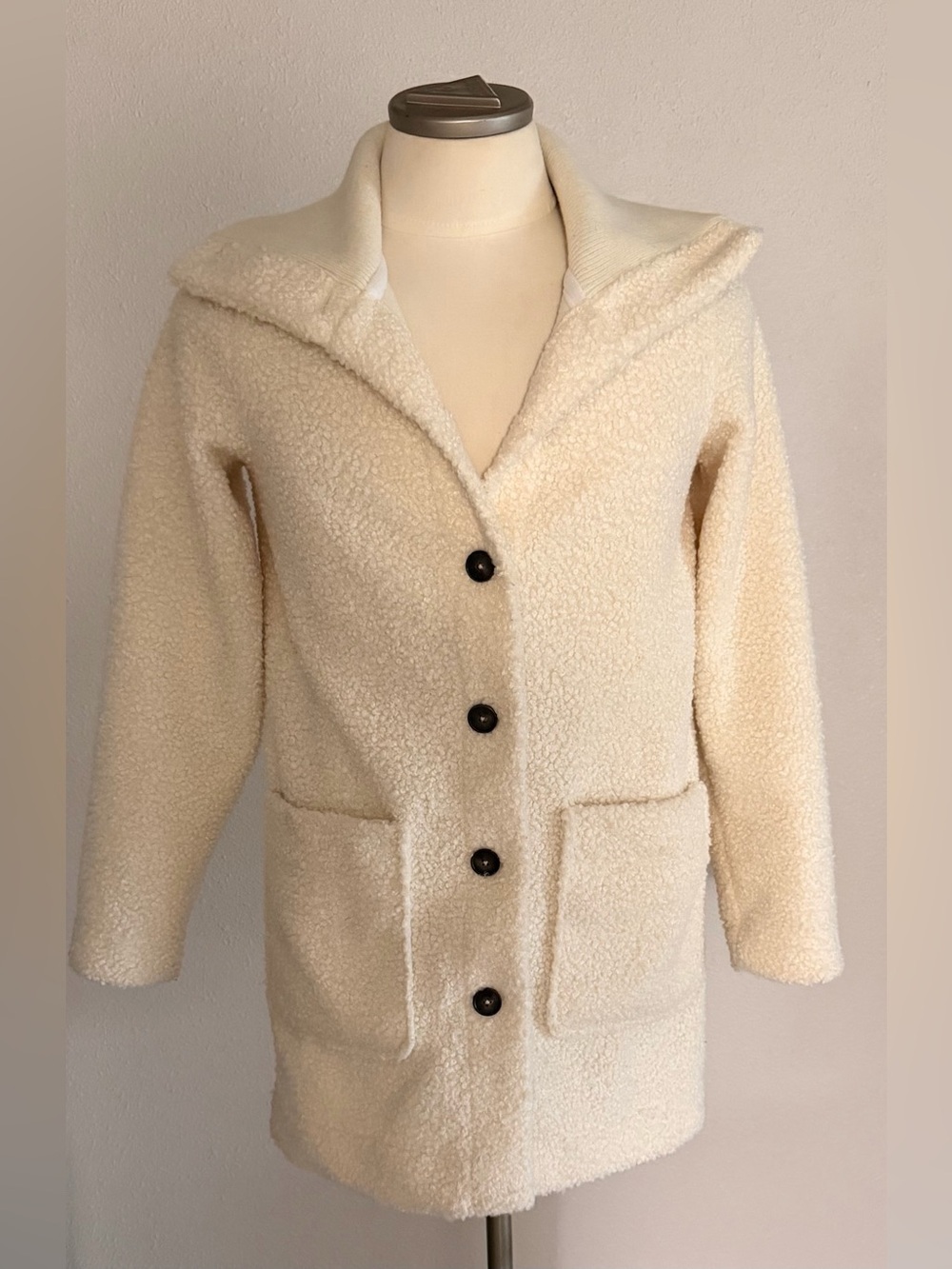 Lands' End Cream Teddy Boucle Coat with Black Buttons XS